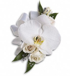 White Orchid and Rose Corsage in Preston MD, The Garden Basket