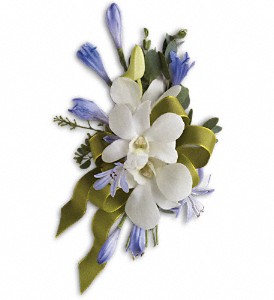 Blue and White Elegance Corsage in Preston MD, The Garden Basket