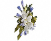 Blue and White Elegance Corsage in Preston MD, The Garden Basket